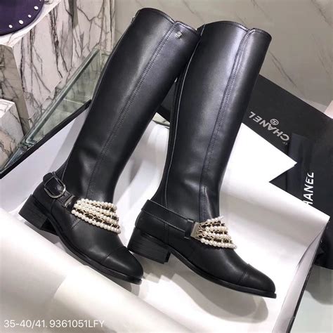 chanel chain embellished leather boots|Chanel boots with pearl heel.